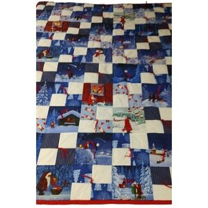 Handmade Lap Quilt Throw Christmas Holiday Tied Red Binding 35 x 40.5 In‎ Cotton